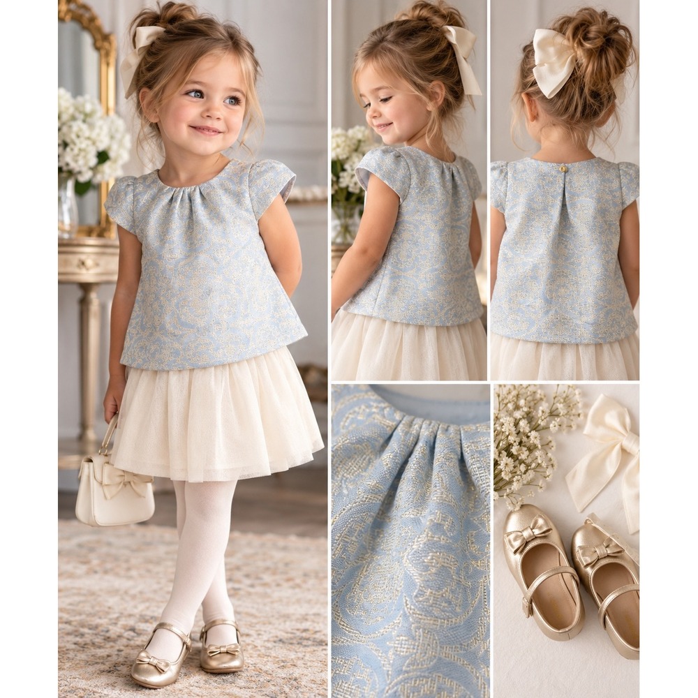 Genuine Kids OshKosh 3T Blue Gold Brocade Top Heirloom Holiday Old Money